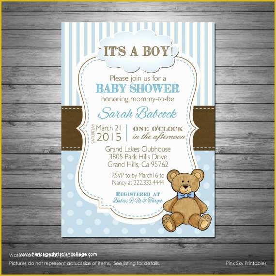 Teddy Bear Baby Shower Invitations Templates Free Of Boy Teddy Bear Baby Shower Invitation with Free Diaper Raffle