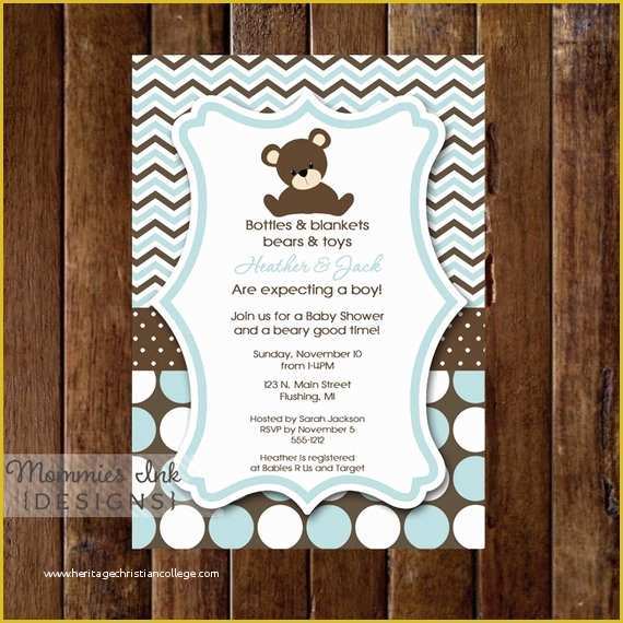 Teddy Bear Baby Shower Invitations Templates Free Of Chevron Polka Dot Teddy Bear Baby Shower Invitation
