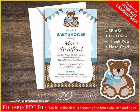 Teddy Bear Baby Shower Invitations Templates Free Of Instant Download Blue Teddy Bear Baby Shower Invitations