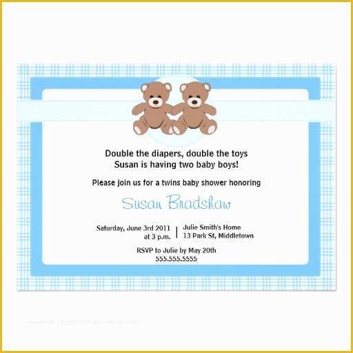 Teddy Bear Baby Shower Invitations Templates Free Of Teddy Bear Baby Shower Invitation Twin Boys 5" X 7