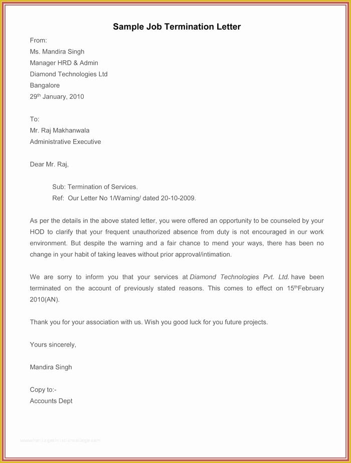 Termination Letter Template Free Of 7 Employment Termination Letter Samples to Write A