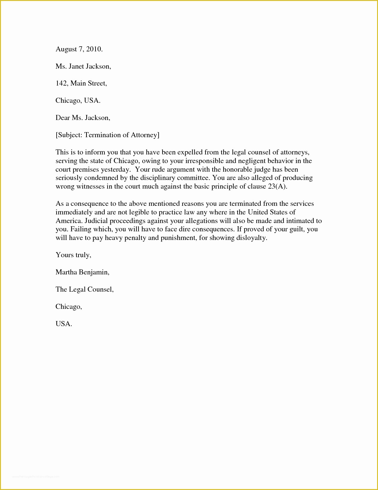 Termination Letter Template Free Of attorney Termination Letter