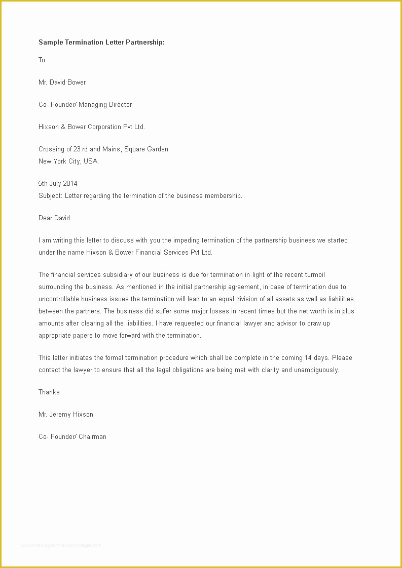 Termination Letter Template Free Of Free Sample Partnership Termination Letter