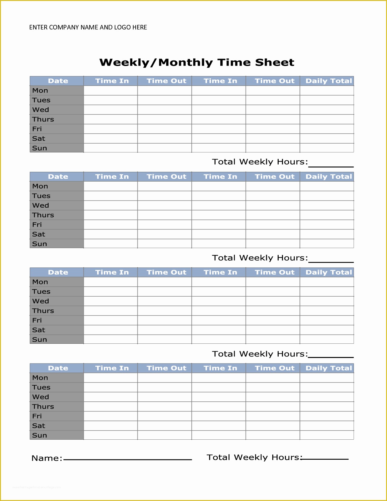 Time Card Spreadsheet Template Free Of Printable Weekly Timesheet Template Uma Printable