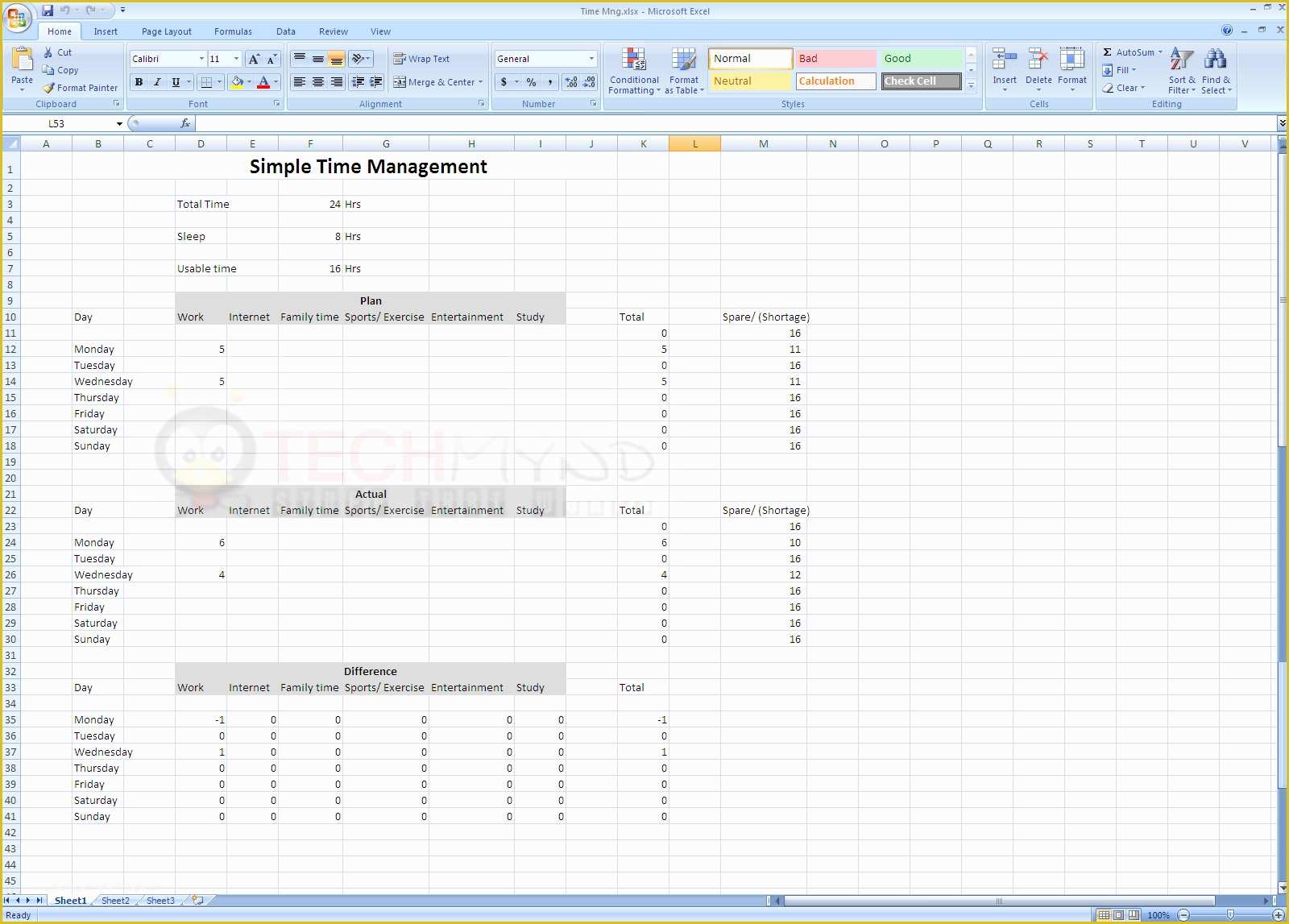 Time Management Excel Template Free Of Time Management Using Simple Excel Sheet Freebies Techmynd