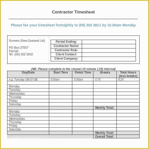 Timesheet for Contractors Template Free Excel Of 17 Contractor Timesheet Templates – Docs Word Pages