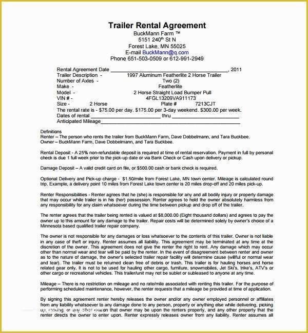 Trailer Lease Agreement Template Free Of 11 Trailer Rental Agreement Templates – Pdf