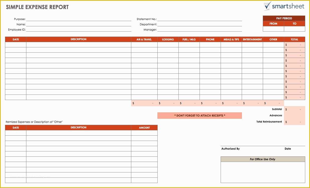 Travel Expense Sheet Template Free Of Free Expense Report Templates Smartsheet