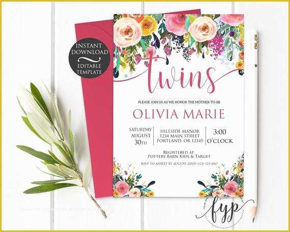 Twin Baby Shower Invitations Templates Free Of Floral Twins Baby Shower Invitation Template