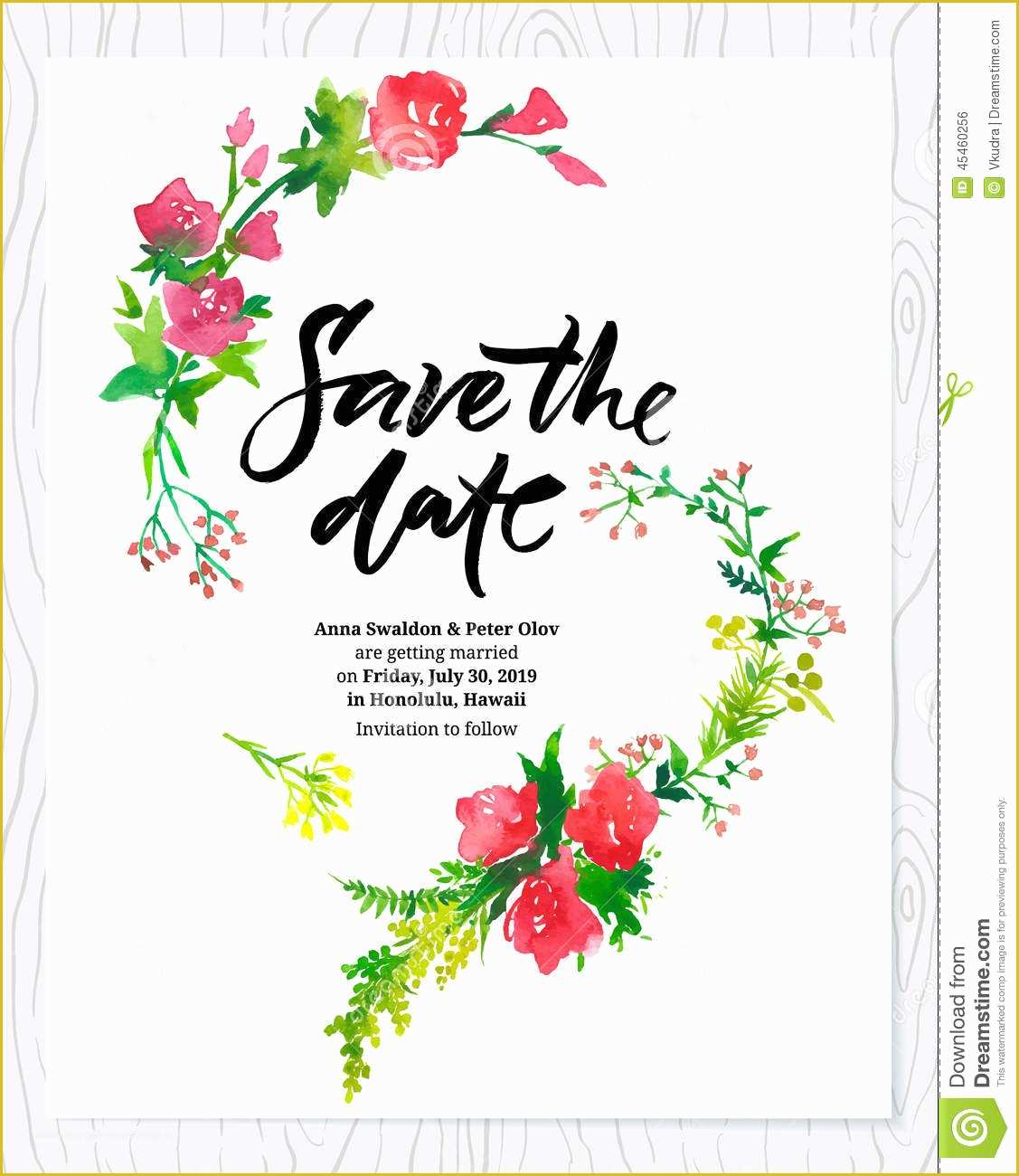 Typography Invitation Template Free Of Wedding Floral Watercolor Card Save the Date Stock Vector