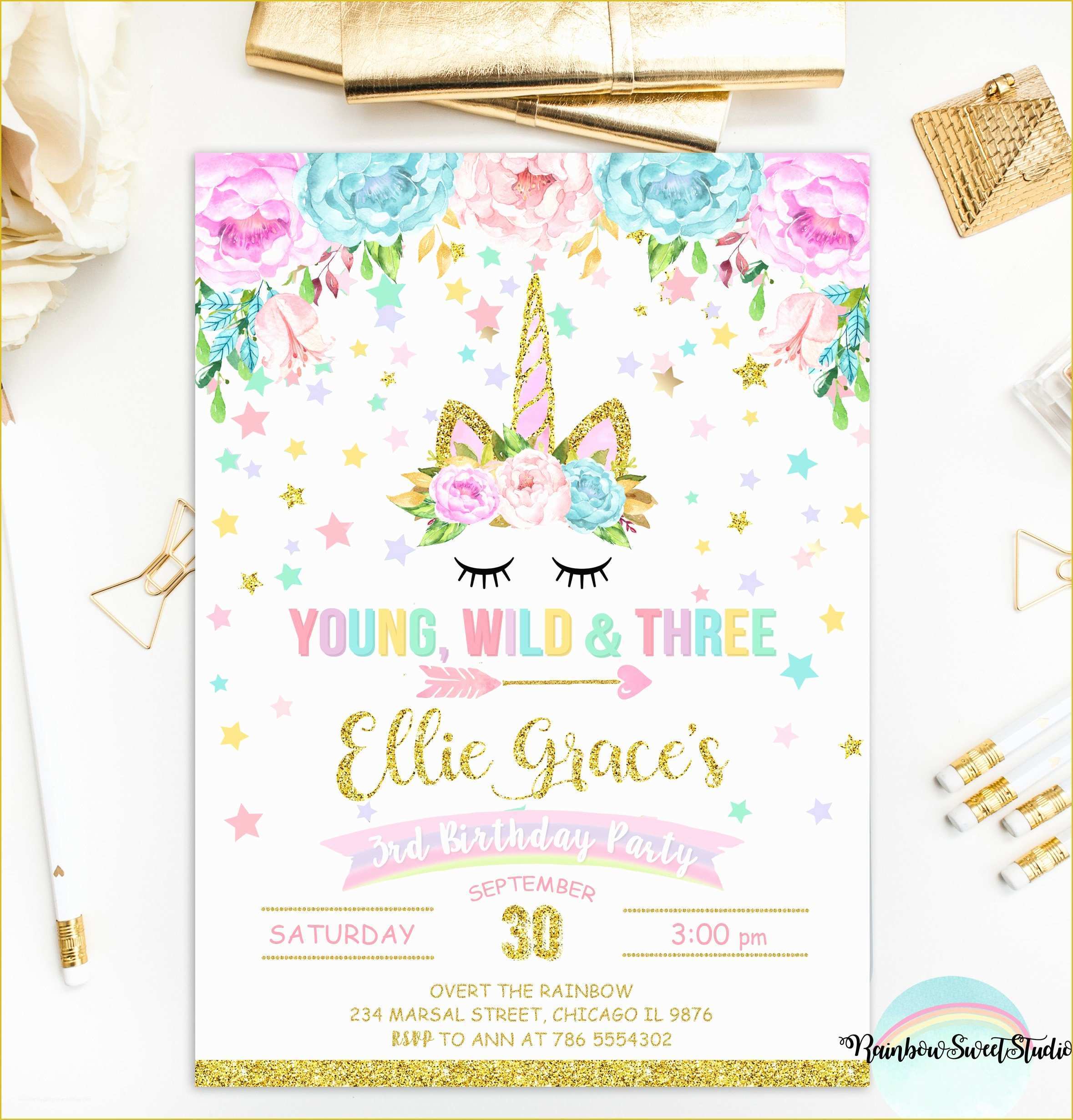 Unicorn Party Invitations Free Template Of Unicorn Young Wild and Three Invitation Unicorn Birthday