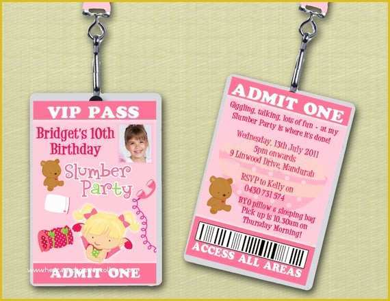 Vip Birthday Invitations Templates Free Of Personalised Slumber Party Vip Lanyard Invitations X 10