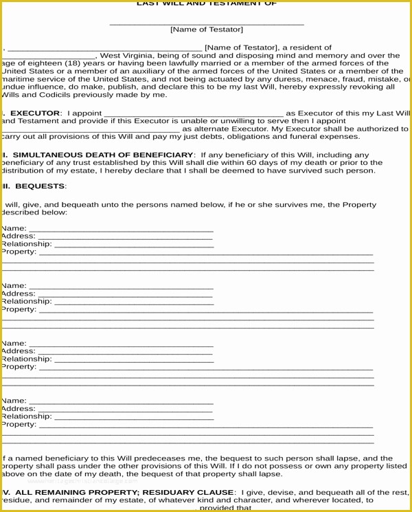 Virginia Last Will and Testament Free Template Of Download West Virginia Last Will and Testament form for