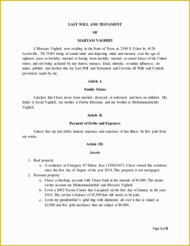 Virginia Last Will and Testament Free Template Of Last Will and Testament Final