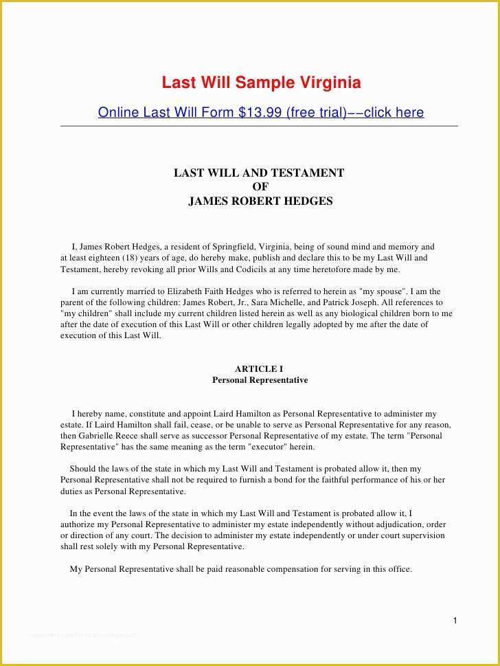 Virginia Last Will and Testament Free Template Of Last Will Sample Virginia