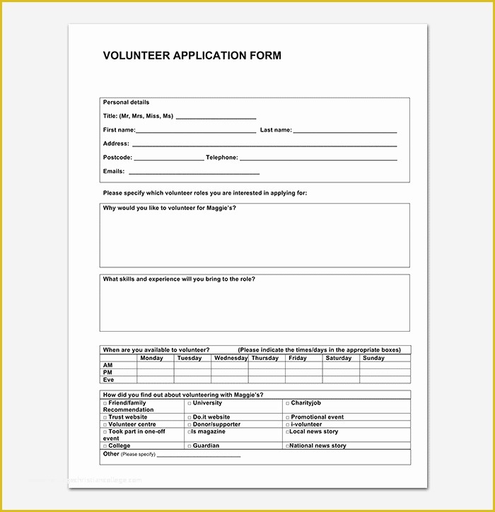 Volunteer Application form Template Free Of Volunteer Application Template 20 forms Doc &amp; Pdf format