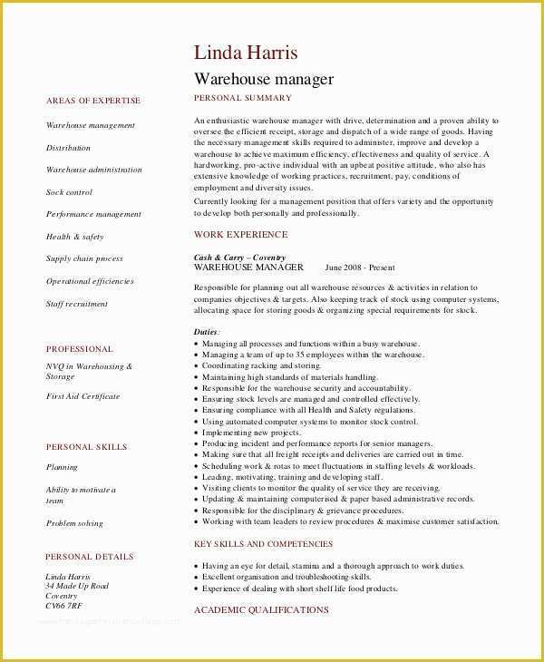 Warehouse Manager Resume Template Free Of 10 Warehouse Manager Job Description Samples