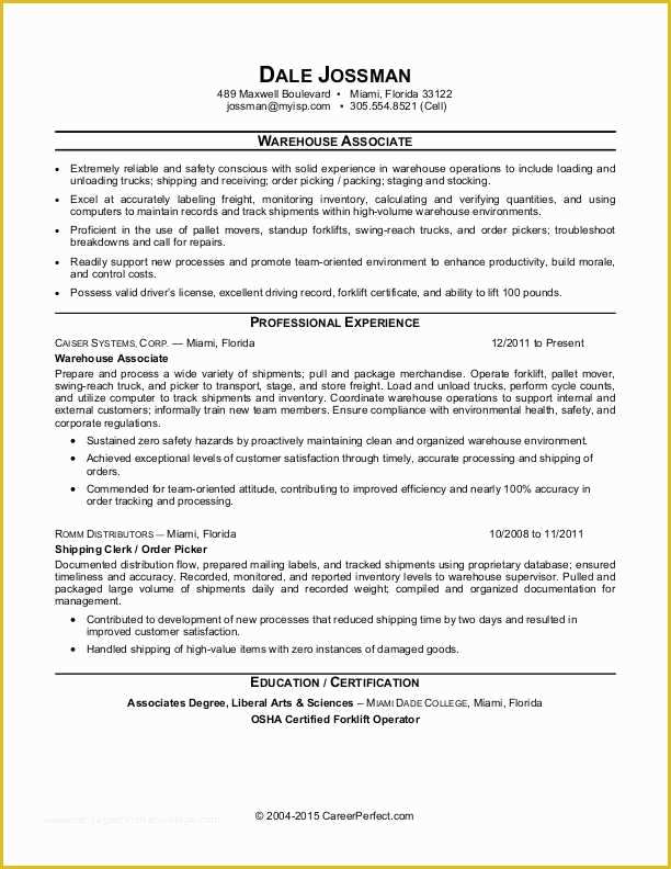 Warehouse Manager Resume Template Free Of Warehouse associate Resume Sample