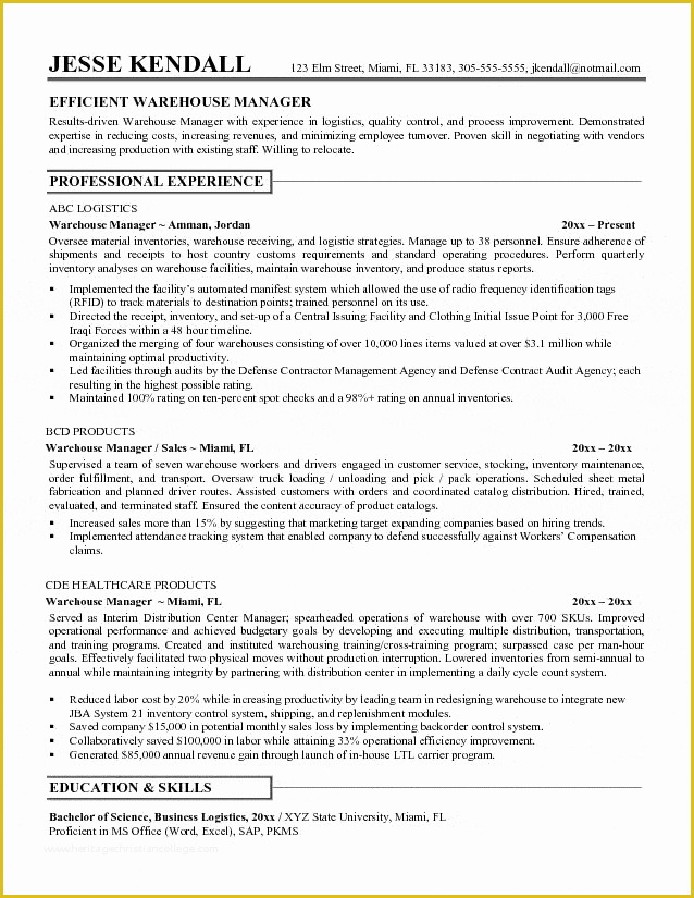 Warehouse Manager Resume Template Free Of Warehouse Manager Resume