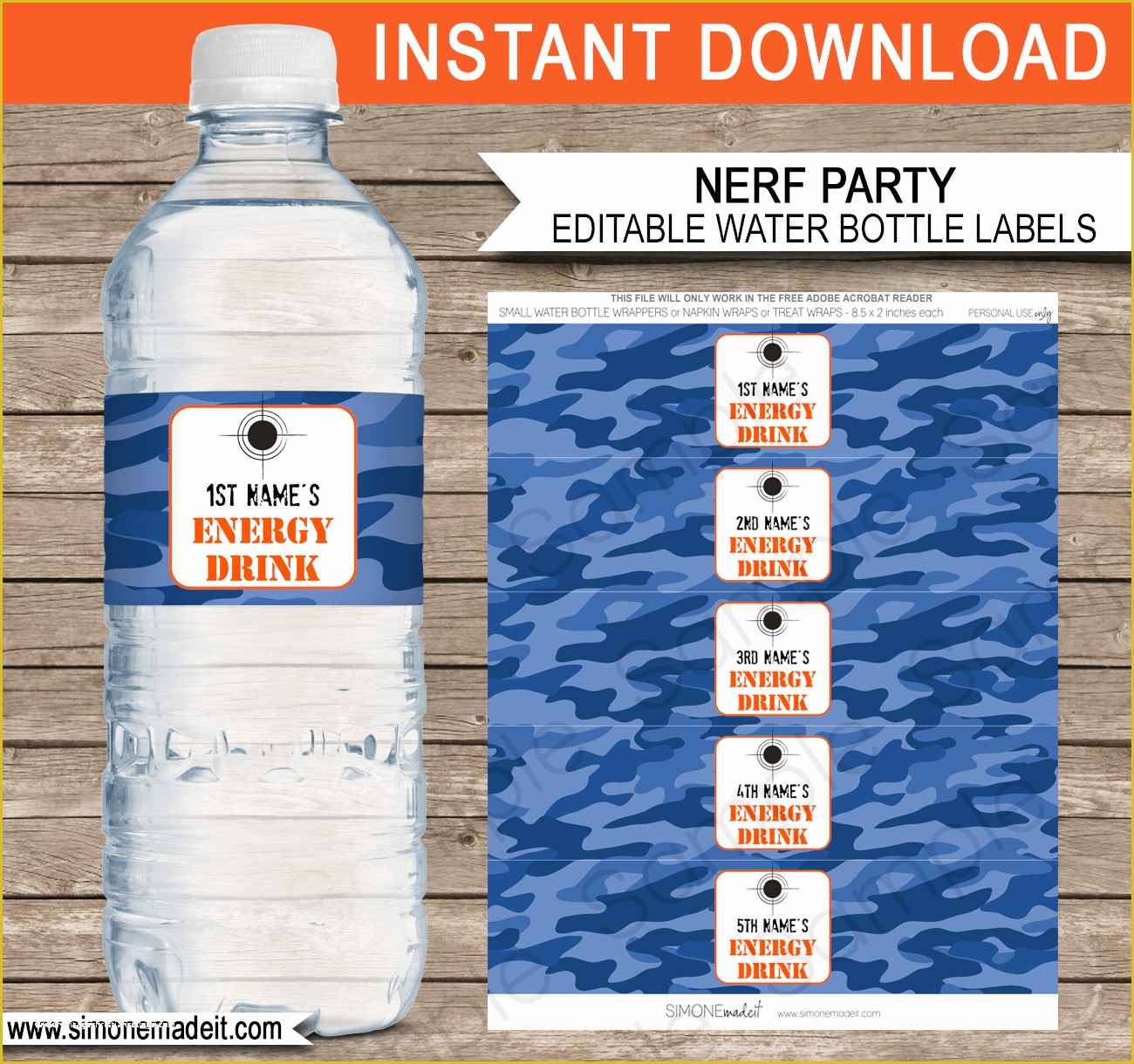 Water Bottle Template Free Of Nerf Printables Blue Camo