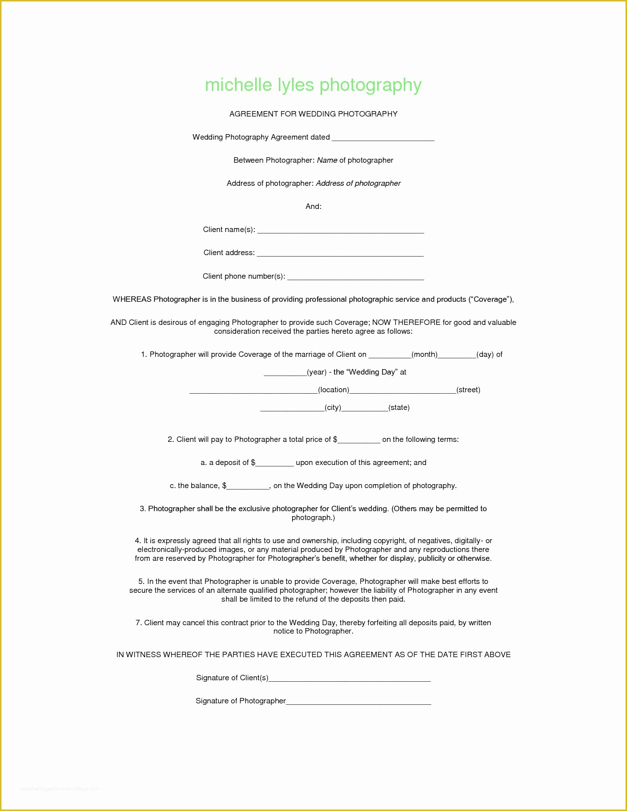 Wedding Contract Template Free Of Graphy Contract Template Beepmunk