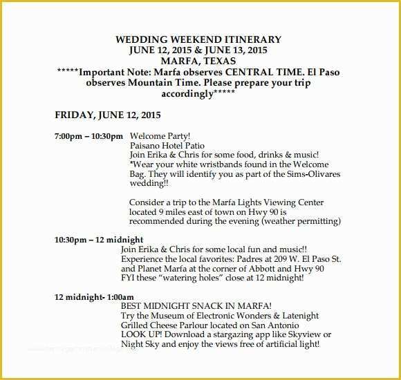 Wedding Itinerary Template Free Download Of 13 Sample Wedding Weekend Itinerary Templates