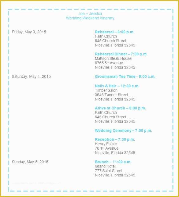 Wedding Itinerary Template Free Download Of Sample Wedding Weekend Itinerary Template 12 Documents