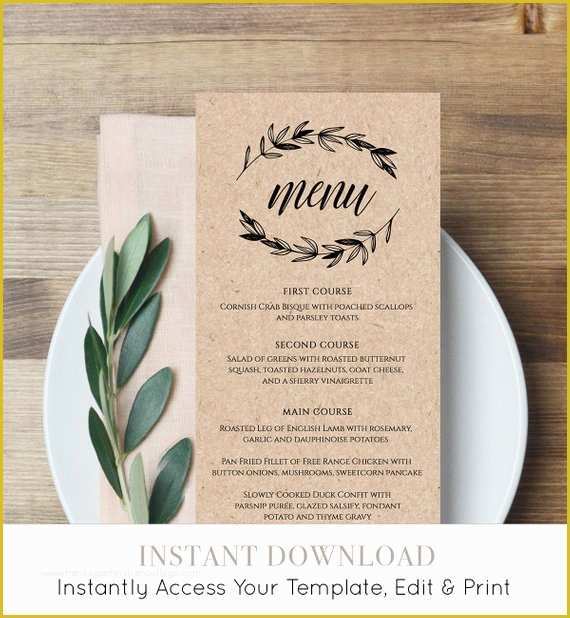Wedding Menu Cards Templates for Free Of Rustic Wedding Menu Template Printable Menu Card Editable