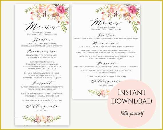 Wedding Menu Cards Templates for Free Of Wedding Menu Template 5x7 4x9 Wedding Menu Cards Menu