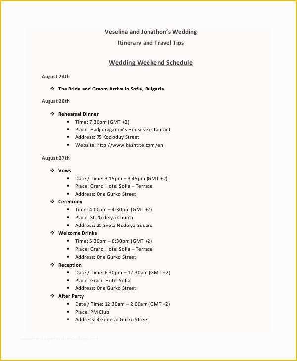Wedding Weekend Itinerary Template Free Of 7 Wedding Itinerary Template Free Sample Example
