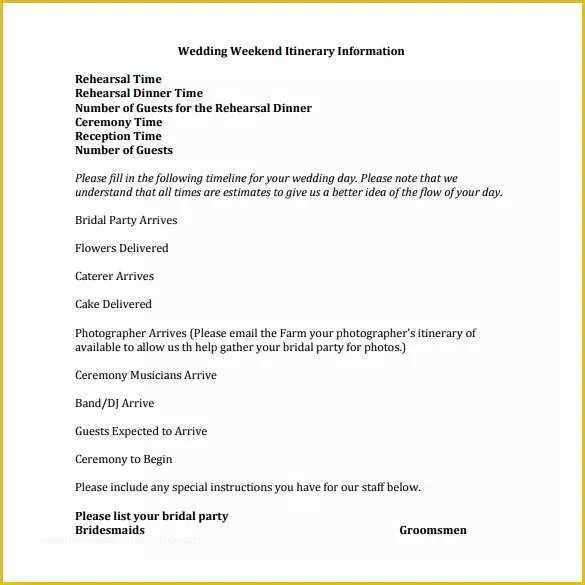 Wedding Weekend Itinerary Template Free Of Sample Wedding Weekend Itinerary Template 12 Documents