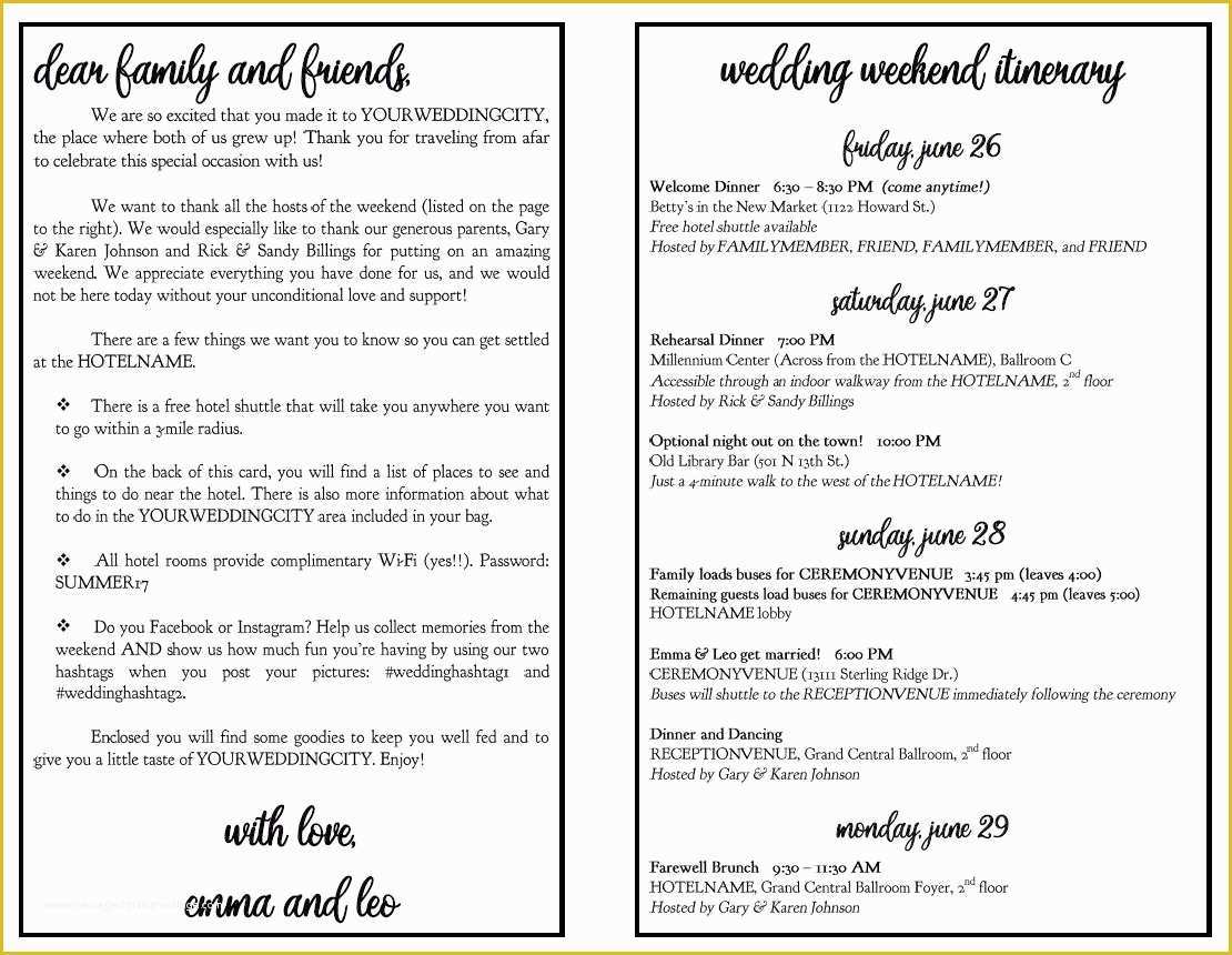 Wedding Weekend Itinerary Template Free Of Wedding Weekend Diy Itinerary Schedule Template by