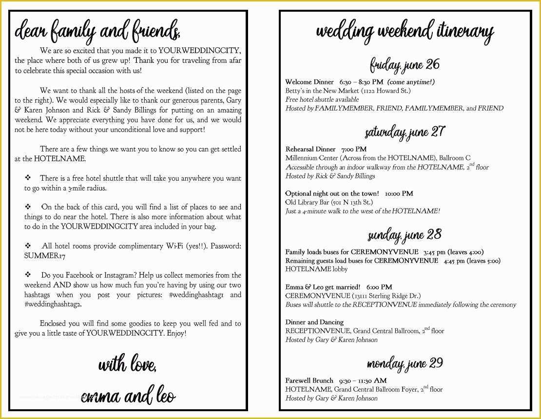 Wedding Weekend Itinerary Template Free Of Wedding Weekend Diy Itinerary Schedule Template by