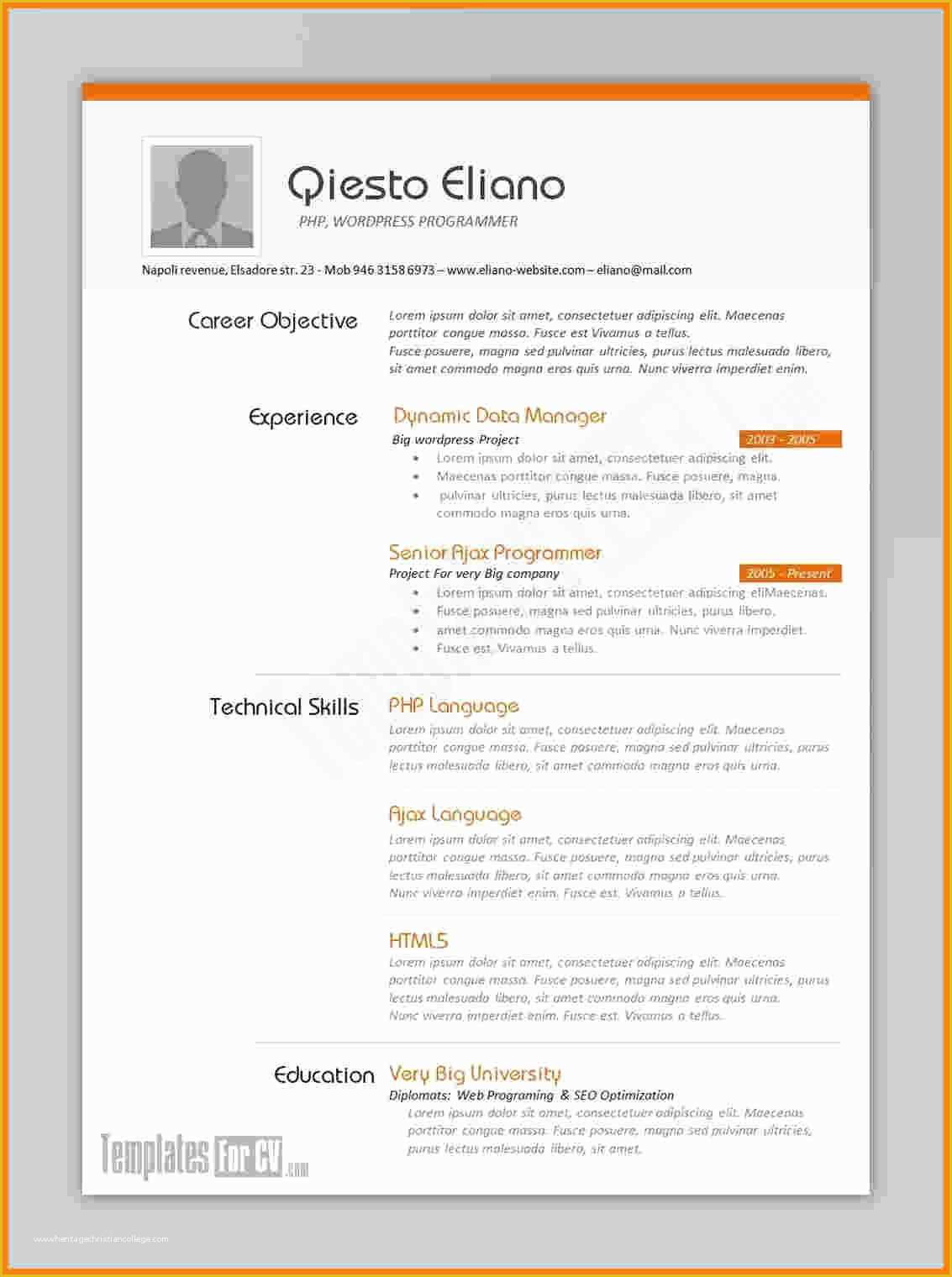 Word Document Resume Template Free Download Of 5 Cv Samples Word File