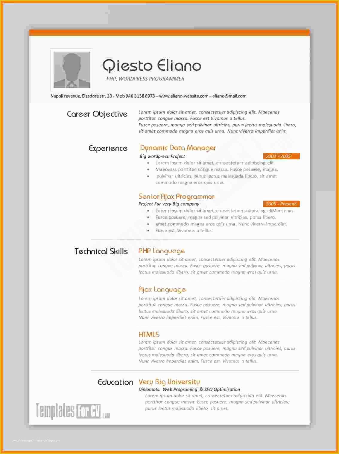 Wordpress Resume Template Free Of 5 Cv Sample format Word