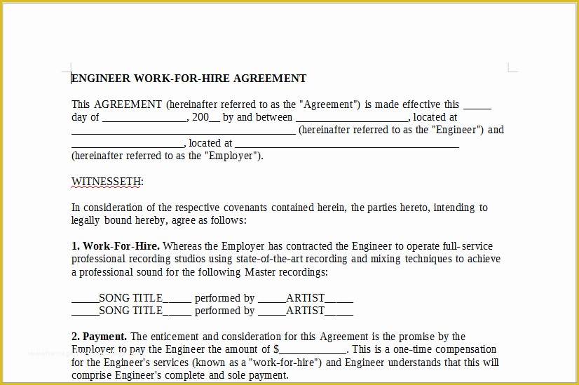 Work for Hire Contract Template Free Of Engineer Work for Hire Agreement – Linemusiccontracts
