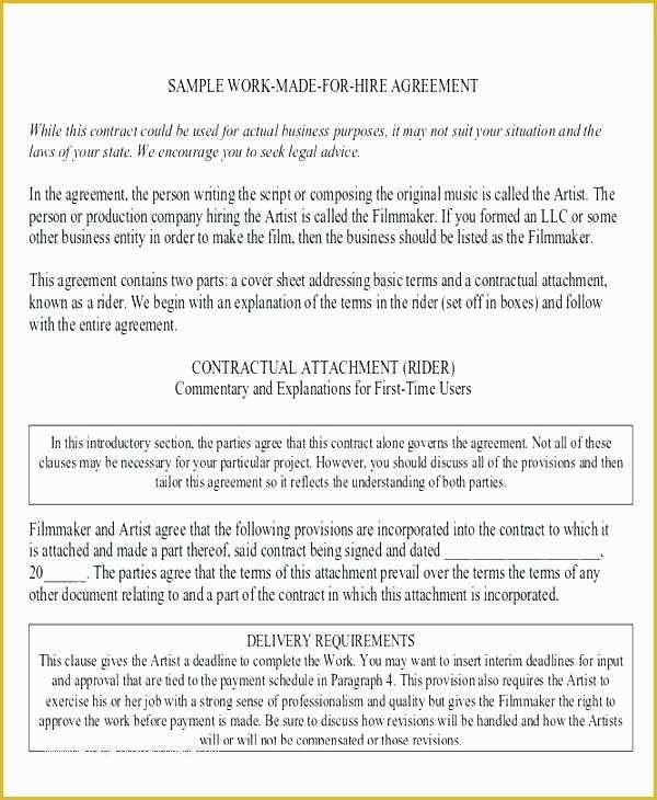 Work for Hire Contract Template Free Of Film Work for Hire Agreement Template Film Work for Hire
