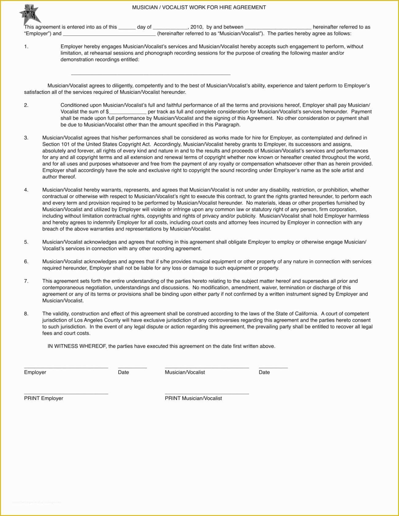 Work for Hire Contract Template Free Of Free Hd Picture Musician Work for Hire Agreement