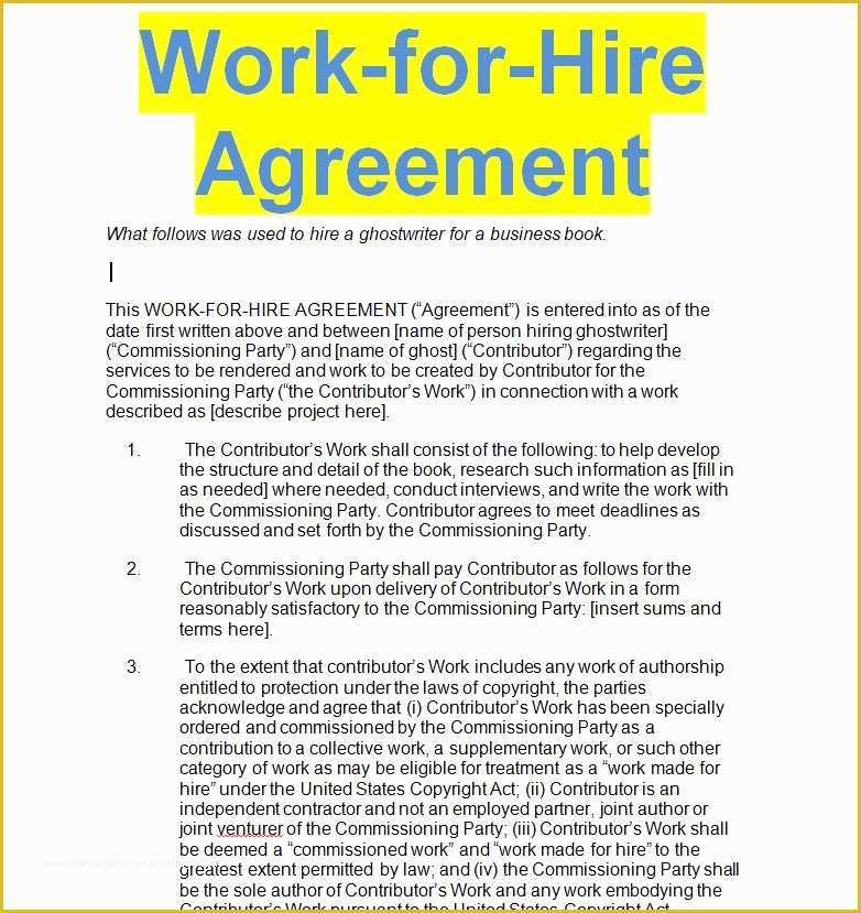 Work for Hire Contract Template Free Of Work for Hire Agreement Template Sample Doc